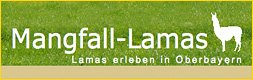 Logo von Felix Fries, Standort Gemeinde Hausham, Landkreis Miesbach, Postleitzahl 83734: Mangfall-Lamas - Lamas erleben in Oberbayern, grüne Wiese als Hintergrund, weißer Schriftzug mit weißer Lama-Grafik