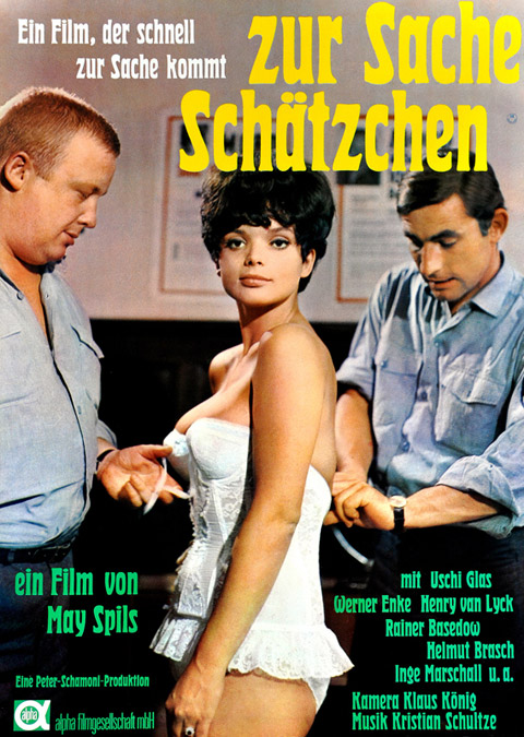 Das original Kino-Plakat von "Zur Sache Schätzchen" und dem Titel "Ein Film, der schnell zur Sache kommt“ mit den Schauspielern Uschi Glas in weißem Mieder sowie Rainer Basedow und Joachim Schneider als Polizisten auf der Polizeiwache