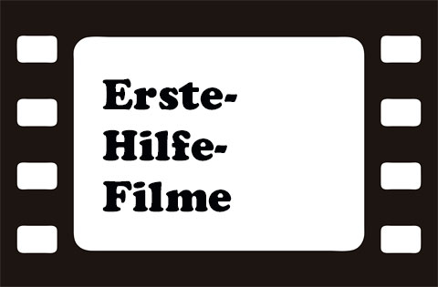 Schwarz-weiße Filmstreifen-Grafik, in deren Mitte es ein weißes Feld gibt, in dem mit schwarzer Schrift geschrieben steht: Erste-Hilfe-Filme