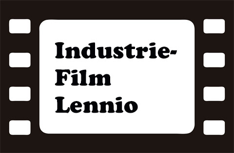 Schwarz-weiße Filmstreifen-Grafik, in deren Mitte es ein weißes Feld gibt, in dem mit schwarzer Schrift geschrieben steht: Industrie-Film Lennio