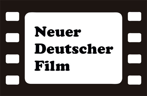 Schwarz-weiße Filmstreifen-Grafik, in deren Mitte es ein weißes Feld gibt, in dem mit schwarzer Schrift geschrieben steht: Neuer Deutscher Film