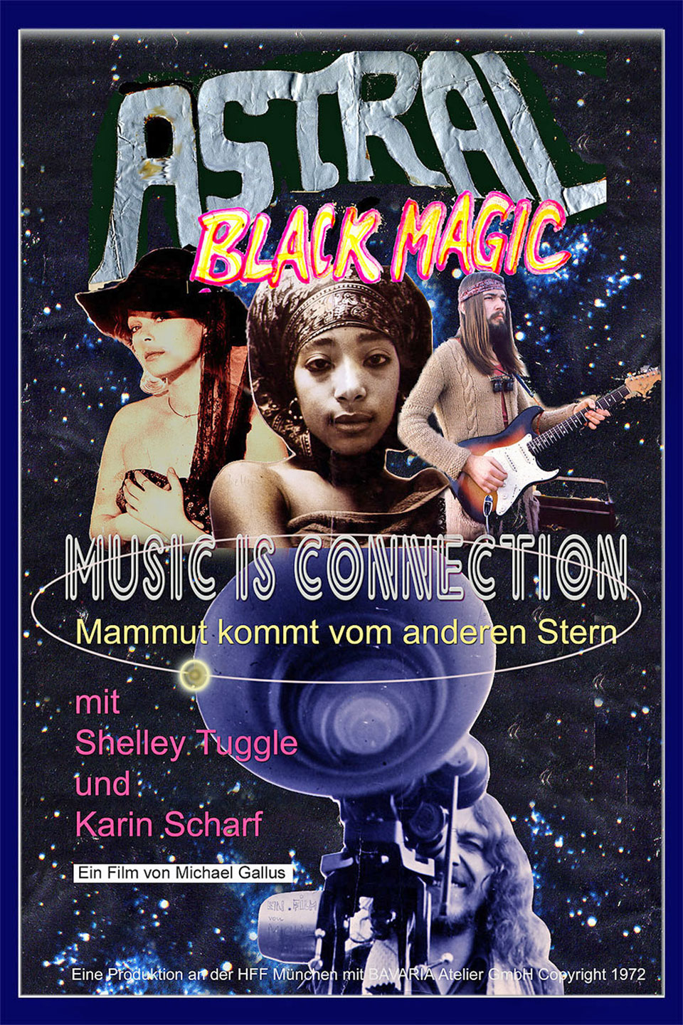 Filmplakat für den HFF-Abschlußfilm "Astral - Music is connection - Mammut kommt vom anderen Stern" mit Shelly Tuggle und Karin Scharf, Ein Film von Michael Gallus, Eine Produktion an der HFF München mit Bavaria Atelier GmbH Copyright 1972