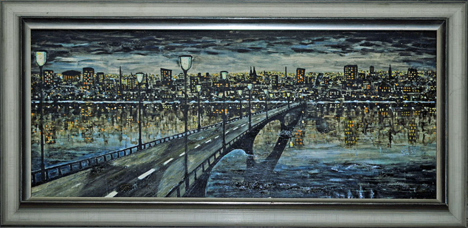 Reproduktion vom Gemälde „Brücke in Köln“ von Michael Gallus aus dem Jahr 1968, gemalt aus der Erinnerung