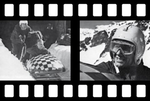Film-Fotos zu den Dreharbeiten des James-Bond-Films - Im Geheimdienst Ihrer Majestät - mit der Szene am Schilthorn (Berner Alpen) und Stuntman Heinz Leu als Double von 007-Agent George Lazenby