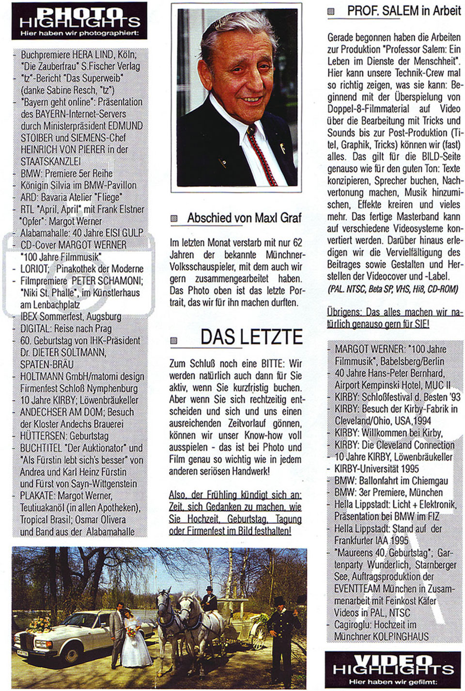 Seite 2 von der Ausgabe April 1996 der „telephoto News" München mit den Photo Highlights "Hier haben wir fotografiert" und den Video Highlights "Hier haben wir gefilmt"