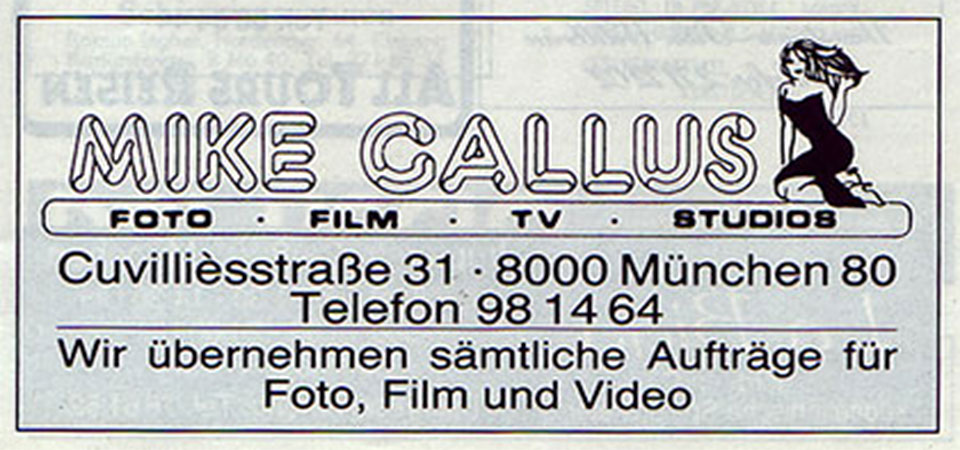 Werbung in einer Zeitung / Lifestyle-Magazin Feine Adressen für das Fotostudio in der Cuvilliesstrasse 31, München, mit dem Slogan - Wir übernehmen sämtliche Aufträge für Foto, Film und Video