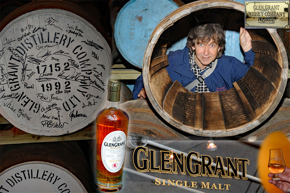 Foto-Collage mit Fotoreporter Mike Gallus bei Glen Grant Single Malt Whisky Distillery Company Limited im Lagerraum mit Holzfässern und eine Whiskyflasche