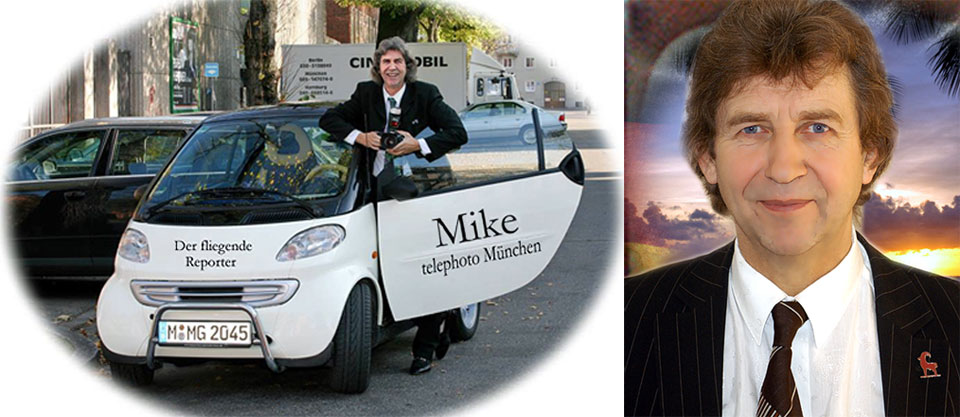 Mike Gallus mit dem weißen Smart und der Beschriftung „Der fliegende Reporter - Mike telephoto München“