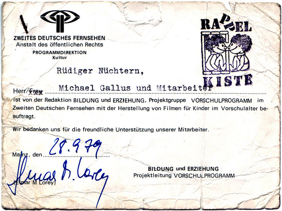 ZDF Auftragsbestätigung (Mainz, 28.9.79) von der Redaktion Bildung und Erziehung, Projektgruppe Vorschulprogramm, für die Mitarbeit von Rüdiger Nüchtern, Michael Gallus und Mitarbeiter an der Vorschulserie Rappelkiste und Filmen für Kinder im Vorschulalter