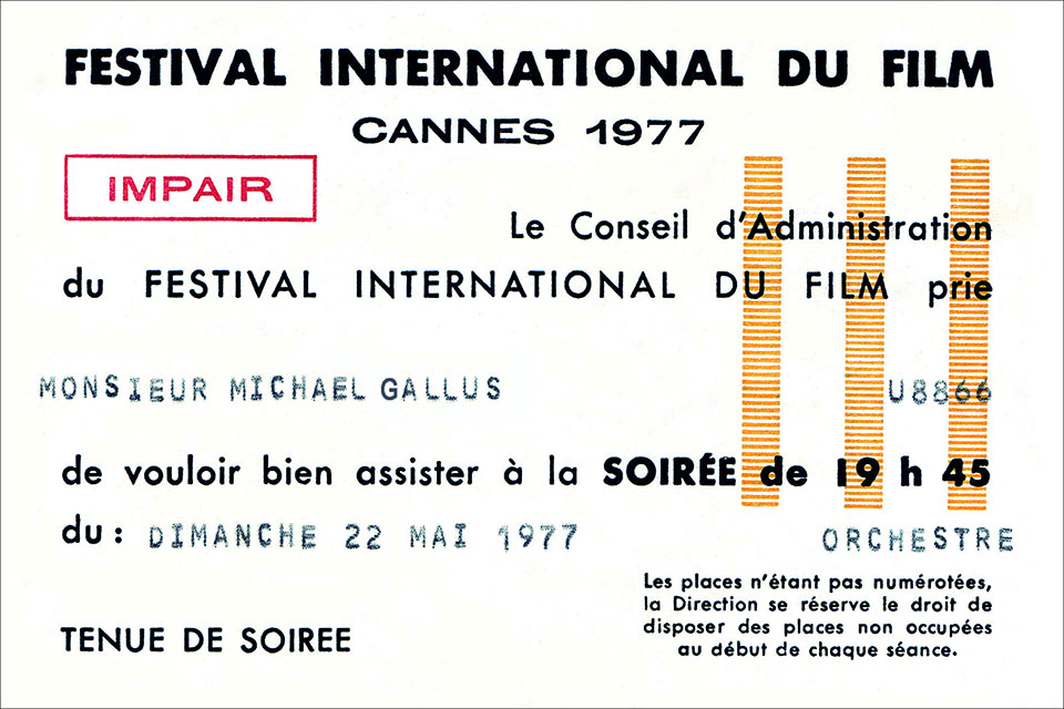 Akkreditierung von Michael Gallus für die Internationalen Filmfestspiele von Cannes (französisch: le Festival de Cannes) 1977
