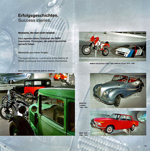 Seite 4 und 5 vom BMW-Museum-Prospekt mit folgendem Text: Erfolgsgeschichten - Success stories - Momente, die man nicht vergisst. Die Legenden leben. Stationen der BMW Geschichte: Prototypen, die selbst Geschichte gemacht haben. Moments you never forget. The legends live on. Landmarks in the history of BMW: prototypes that wrote history themselves. Dazu sind Portrait-Fotos abgebildet der Modelle BMW3/20 PS AM 4, BMW R39, BMW R2, BMW 303, BMW R100 GS Paris-Dakar von 1984, BMW M1 Procar von 1979-1980, BMW 502 Cabriolet von 1954-1961 und BMW 1500 von 1962-1964