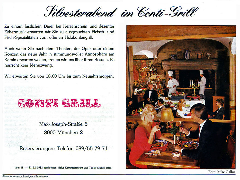 Promotion-Einladungskarte für den Silvesterabend 1983 im Restaurant Conti Grill, Max-Joseph-Straße 5 in München für Feine Adressen, mit einem Foto des Restaurants innen mit Gästen