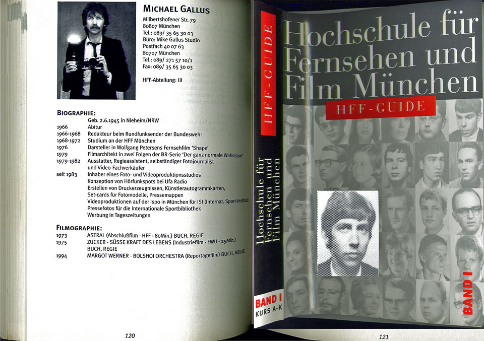 Foto-Schnappschuss vom HFF Guide Band I Kurs A-K der Hochschule für Fernsehen und Film München mit Kurz-Vita von Michael Gallus