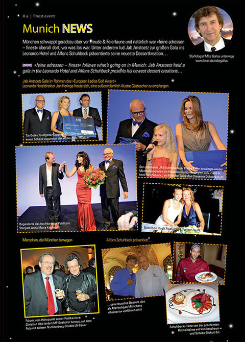 Vorschaubild der Feinen Adressen München / Bayern (Munich Finest) Herbst-Ausgabe 2011 „Munich NEWS - Feiern, Menschen und Präsentation“ über die Jab Anstoetz Gala im Leonardo Royal Hotel mit dem Award zur European Ladies Golf Tour sowie über Menschen, die München bewegen wie Alfons Schuhbeck und Oberbürgermeister Christian Ude von Fotoreporter Mike Gallus