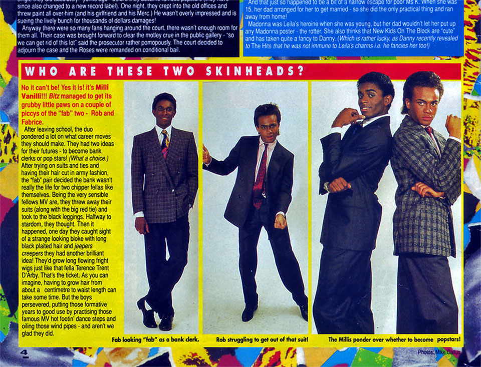 Ausschnitt der ehemaligen Musik-Zeitschrift "Smash Hits“ (Ausgabe Juni 1990) über das von Frank Farian produzierte Discopop-Duo Milli Vanilli (Fab Morvan und Rob Pilatus) und drei Fotos von Mike Gallus