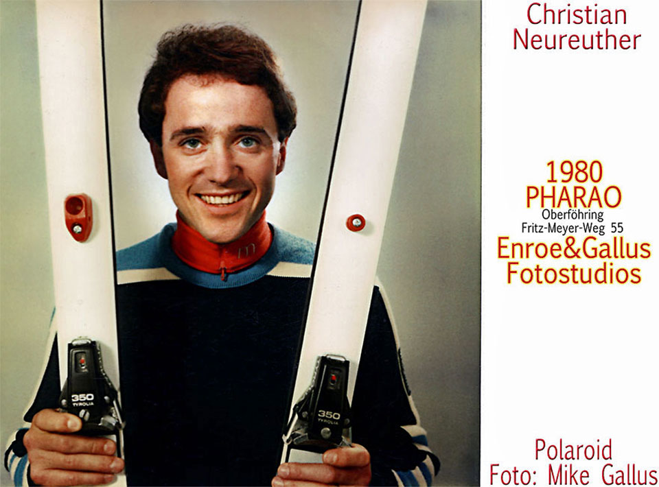 Polaroidfoto von Ski-Weltcupsieger Christian Neureuther aus dem Jahr 1980 von Enroe & Gallus Fotostudios im Pharao-Haus, Oberföhring, Fritz-Meyer-Weg 55