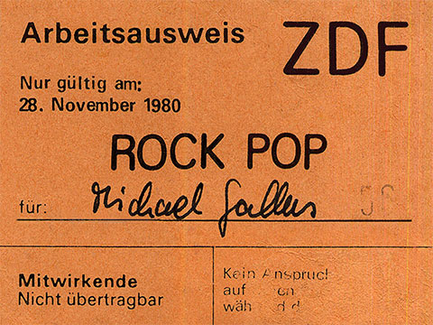 Orange-brauner ZDF-Arbeitsausweis von 1980 von Rock Pop für Michael Gallus nur gültig am 28. November 1980
