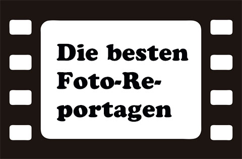 Schwarz-weiße Filmstreifen-Grafik, in deren Mitte es ein weißes Feld gibt, in dem mit schwarzer Schrift geschrieben steht: Die besten Foto-Reportagen