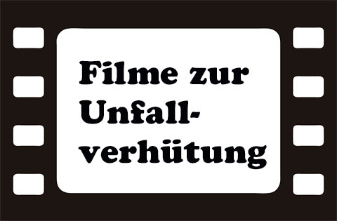 Schwarz-weiße Filmstreifen-Grafik, in deren Mitte es ein weißes Feld gibt, in dem mit schwarzer Schrift geschrieben steht: Filme zur Unfallverhütung