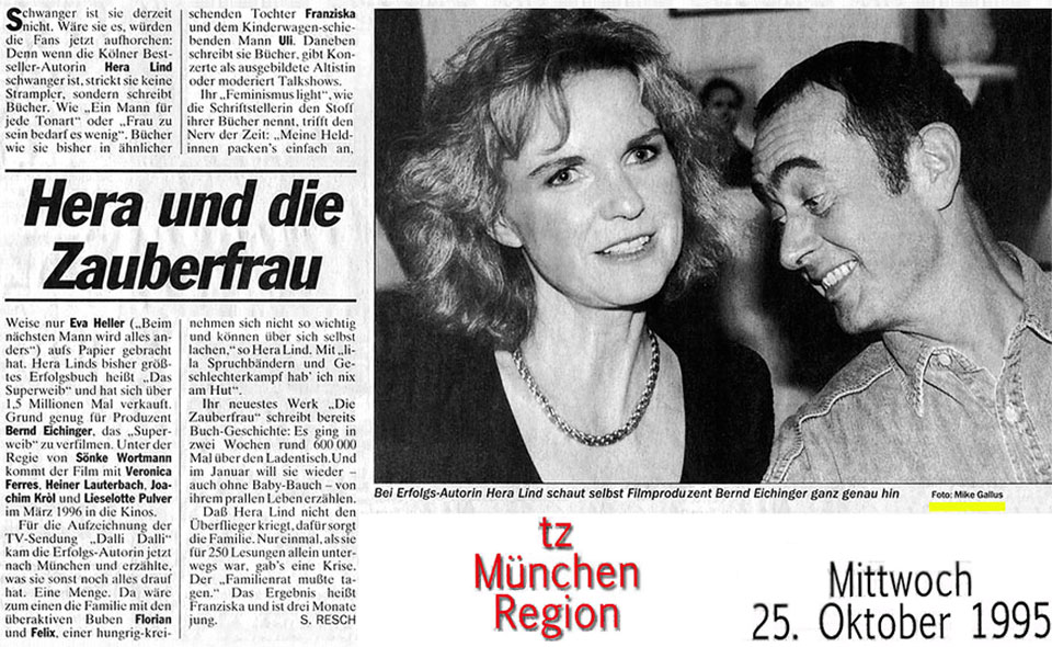 Zeitungsausschnitt der Tageszeitung München (tz) vom 25. Oktober 1995 über Erfolgs-Autorin Hera Lind und ihren neuen Buch-Roman „Die Zauberfrau“. Der Zeitungsartikel berichtet über ihren Aufenthalt anlässlich der Aufzeichnung der TV-Sendung 