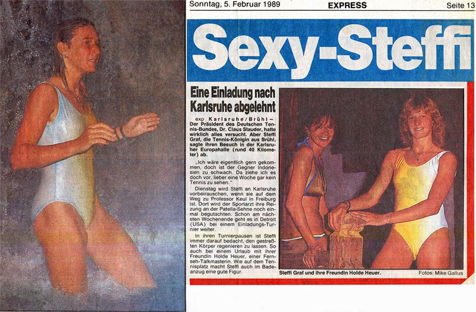 Zeitschriften-Ausschnitt der Kölner EXPRESS Zeitung mit dem Titel "Sexy-Steffi“ und zwei Pressebildern mit Steffi Graf im Badeanzug unter der Tropen-Dusche und zusammen mit Freundin und TV-Talkmeisterin Holde Heuer