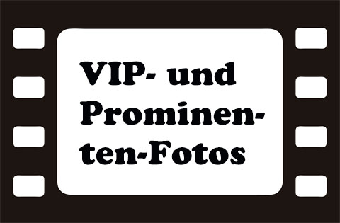 Schwarz-weiße Filmstreifen-Grafik, in deren Mitte es ein weißes Feld gibt, in dem mit schwarzer Schrift geschrieben steht: VIP- und Prominenten-Fotos