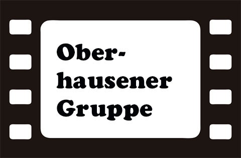 Schwarz-weiße Filmstreifen-Grafik, in deren Mitte es ein weißes Feld gibt, in dem mit schwarzer Schrift geschrieben steht: Oberhausener Gruppe